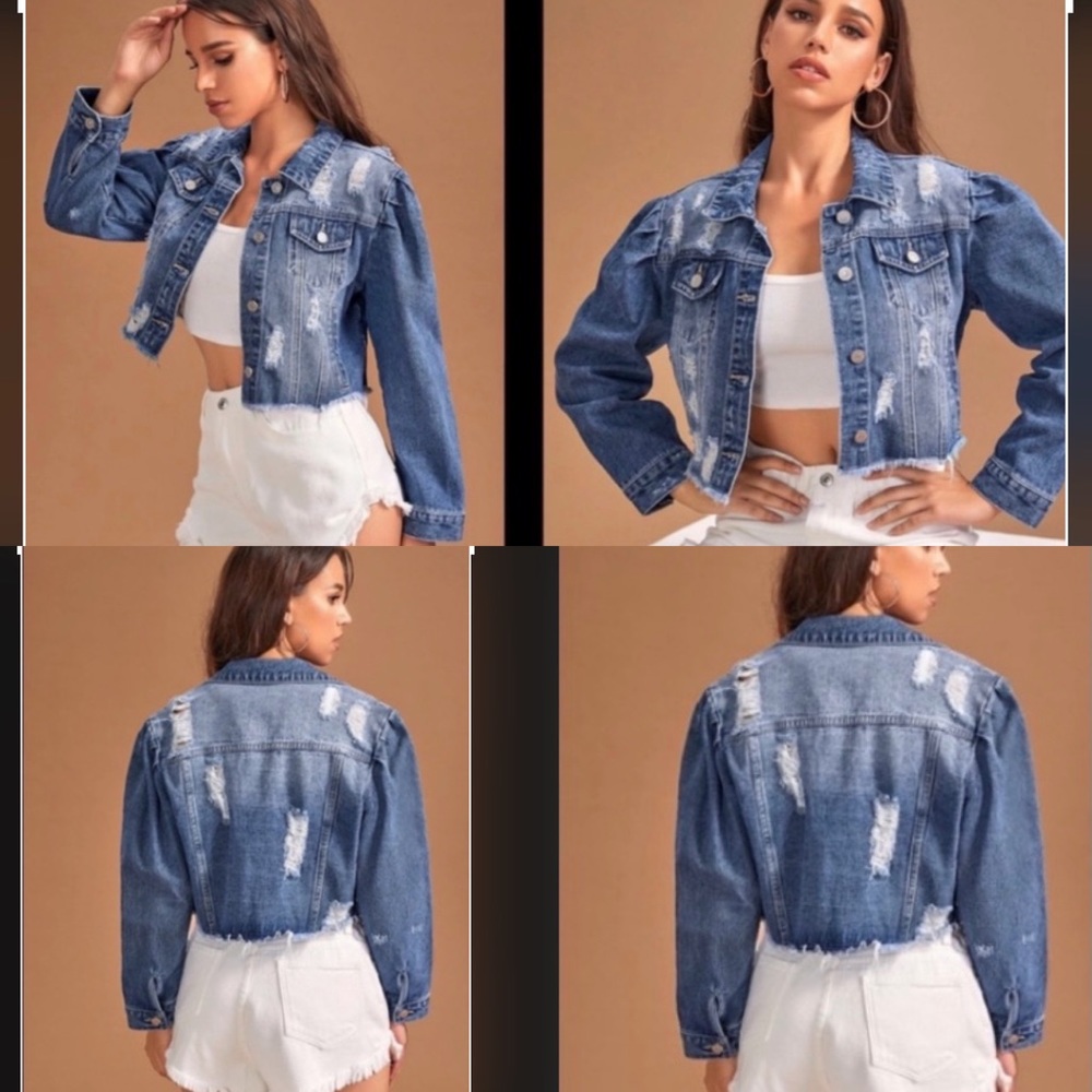 New💕Denim cropped distressed jacket - Picture 1 of 3